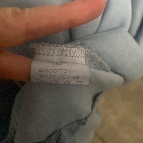 Lght Blue Denim Look Mini Dress Long Top Raw Hem 3/4 Drop Puff Sleeves Tier Back - Picture 7 of 7